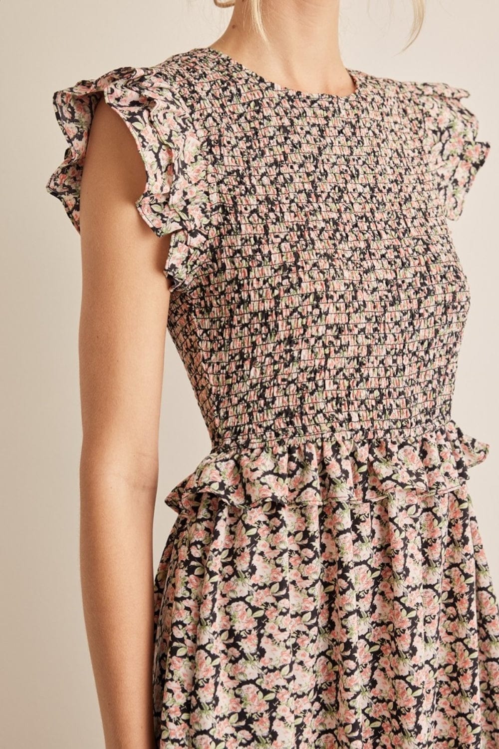 In February Floral Smocked Ruffled Midi Dress - Trendsi