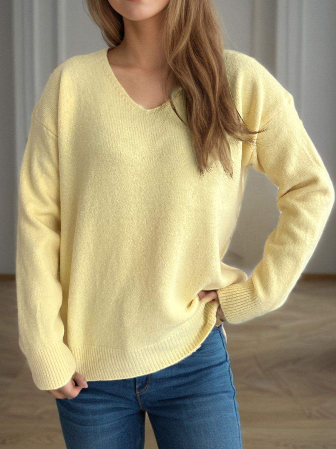 V-Neck Dropped Shoulder Long Sleeve Sweater - Trendsi - Flyclothing LLC