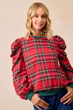BiBi Christmas Plaid Exaggerated Shoulder Sleeves Top - Trendsi - Flyclothing LLC