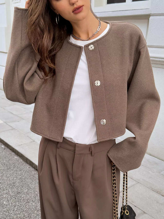 Button-Front Dropped Shoulder Cropped Jacket - Trendsi - Flyclothing LLC