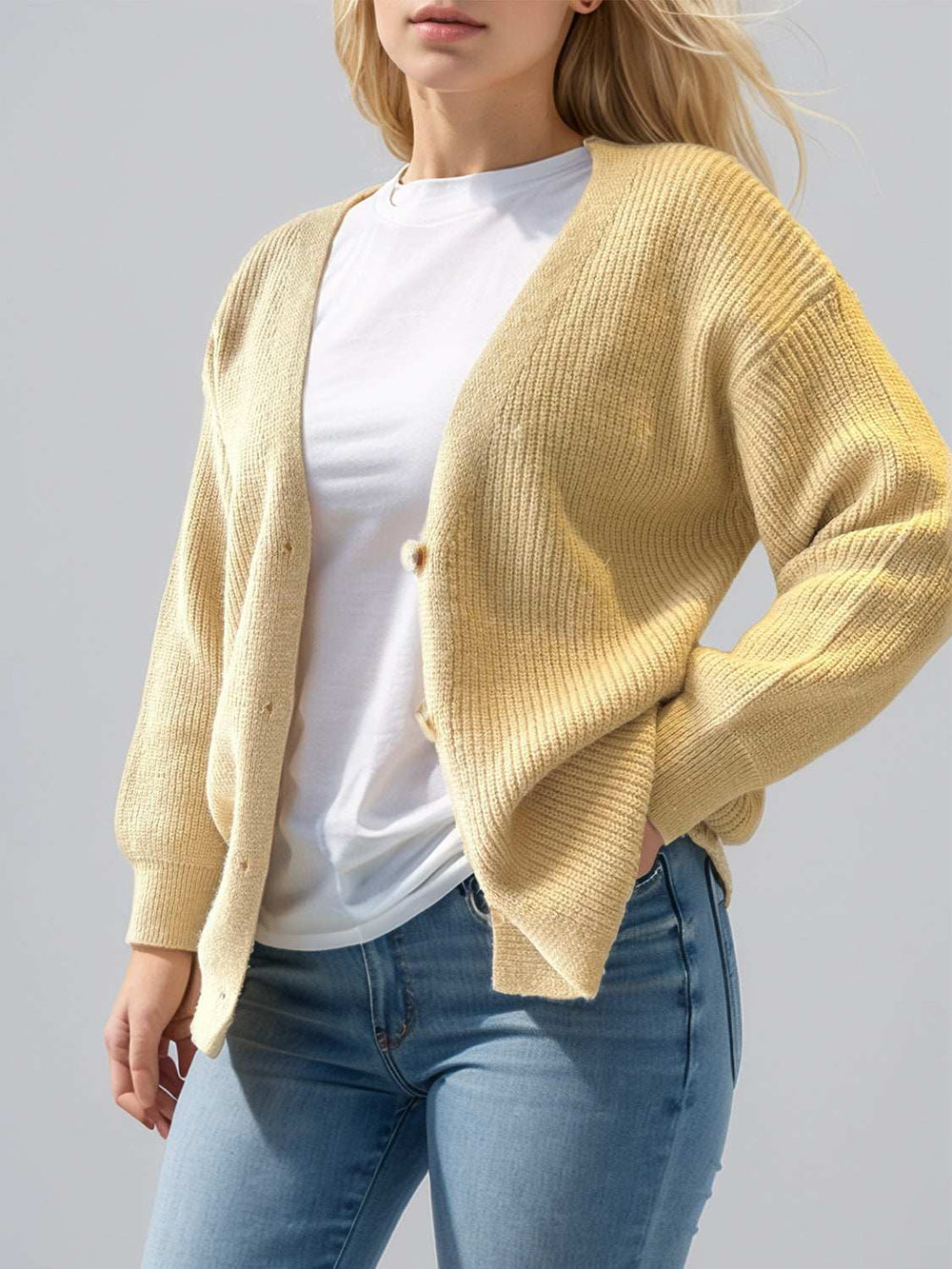 Button Down V-Neck Long Sleeve Cardigan - Trendsi - Flyclothing LLC