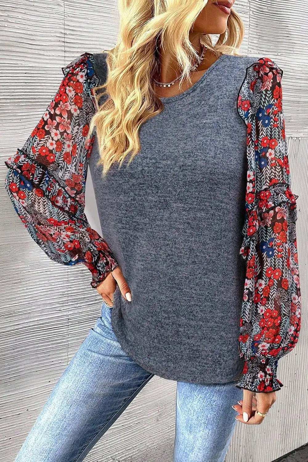Heathered Floral Frill Lantern Sleeve Blouse - Trendsi - Flyclothing LLC