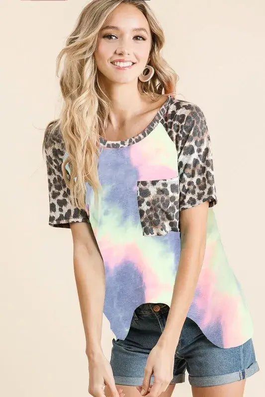 BiBi Tie Dye Knit Top with Leopard Raglan Sleeves - Trendsi - Flyclothing LLC