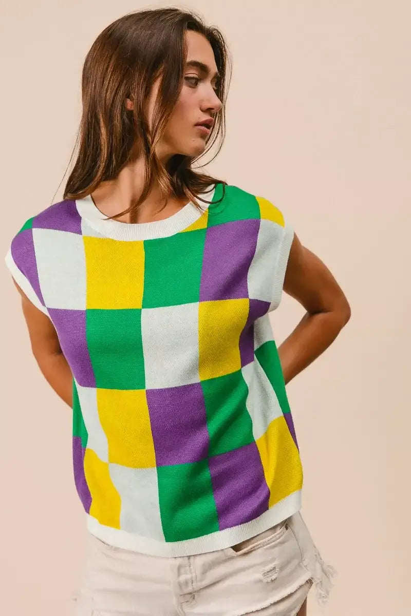 BiBi Mardi Gras Checker Pattern Sleeveless Sweater Top - Trendsi - Flyclothing LLC