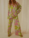 Printed Collared Neck Long Sleeve Top and Pants Lounge Set - Trendsi - Flyclothing LLC