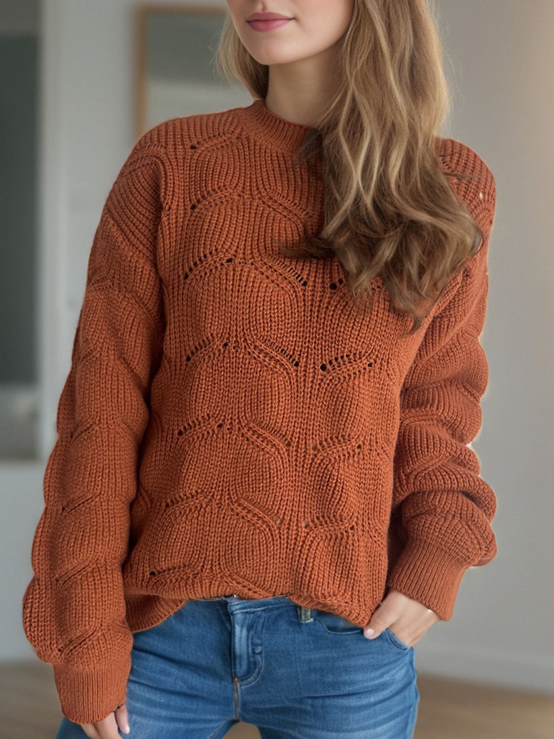 Openwork Round Neck Dropped Shoulder Sweater - Trendsi