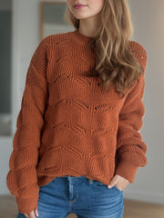 Openwork Round Neck Dropped Shoulder Sweater - Trendsi