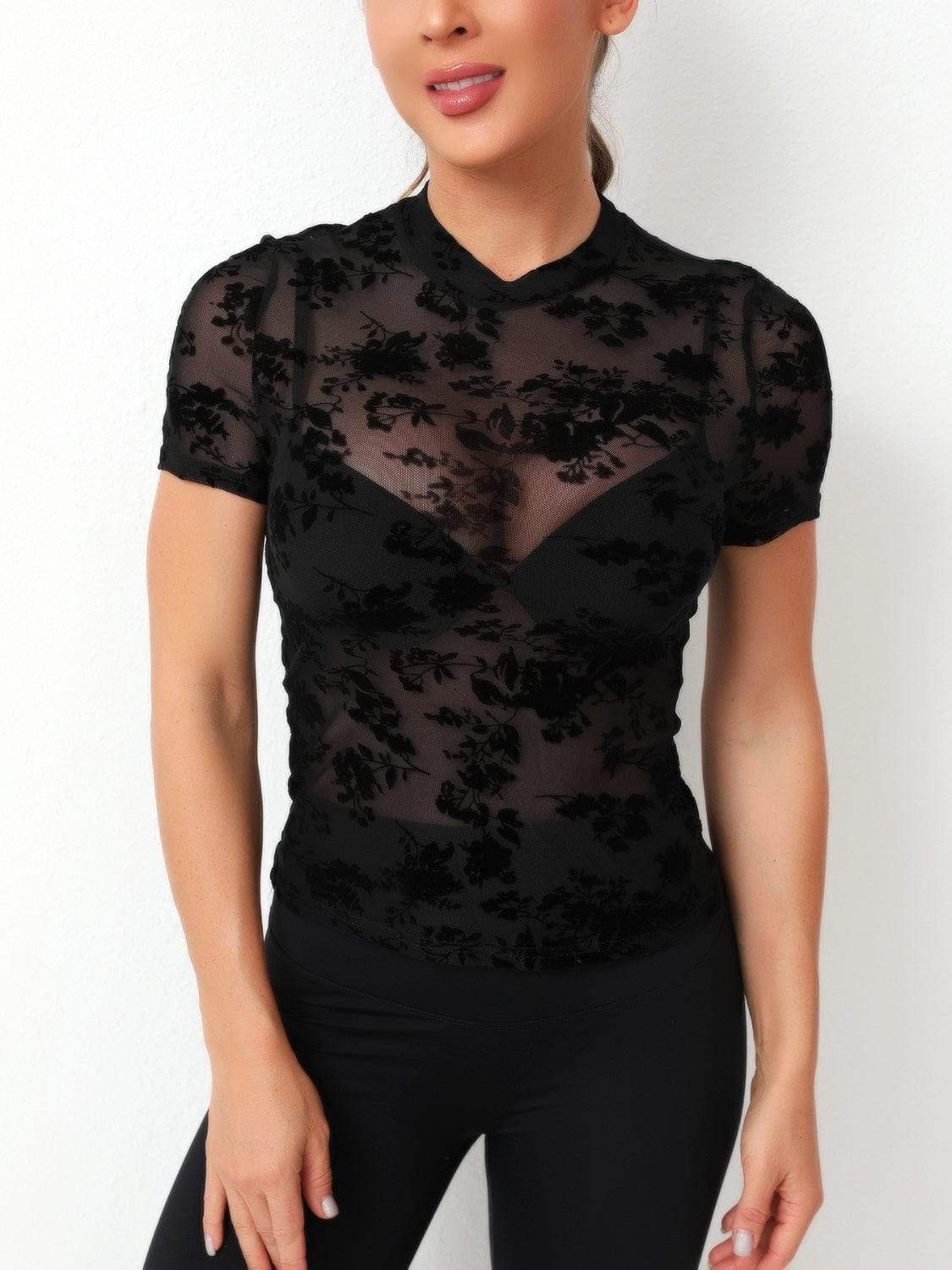 Mock Neck Short Sleeve Top - Trendsi - Flyclothing LLC