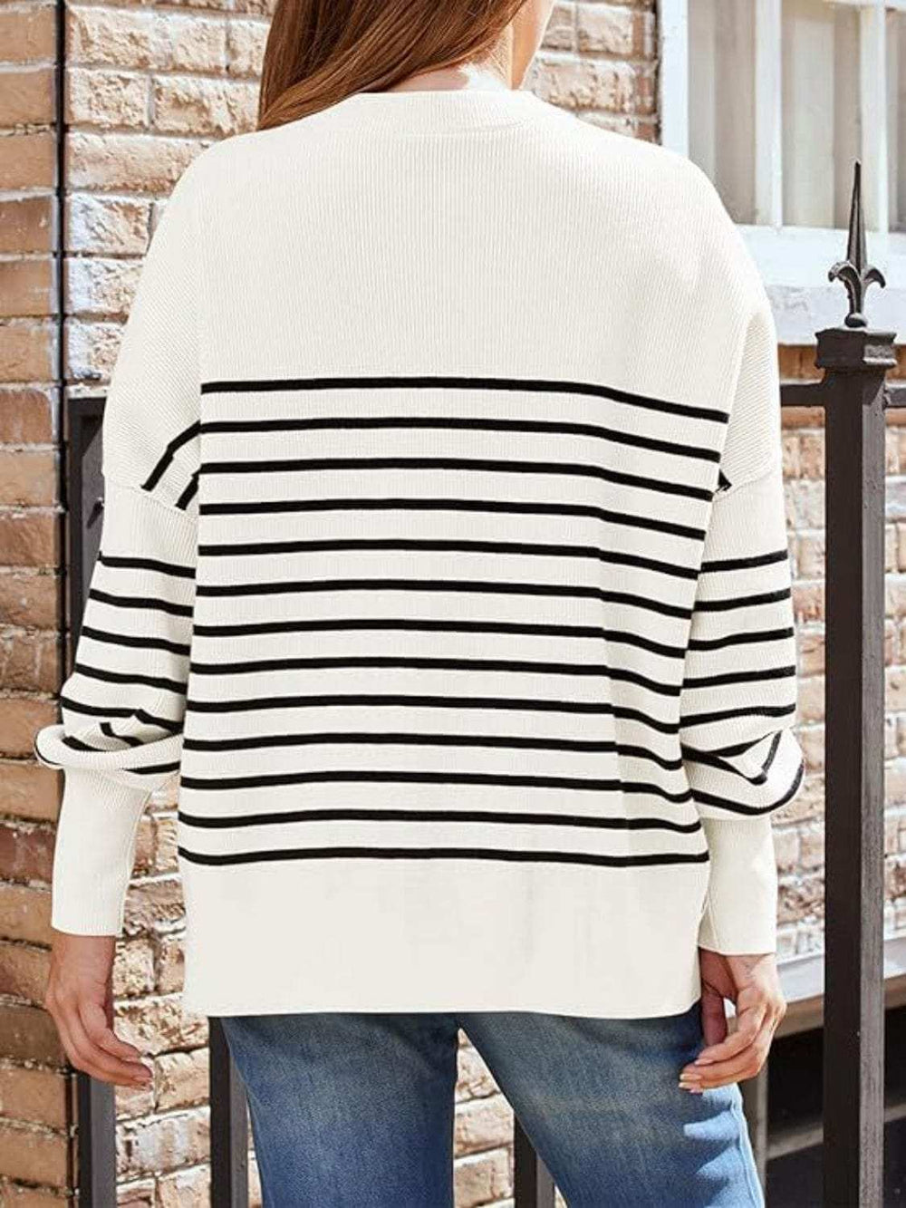 Striped Round Neck Long Sleeve Sweatshirt - Trendsi - Flyclothing LLC