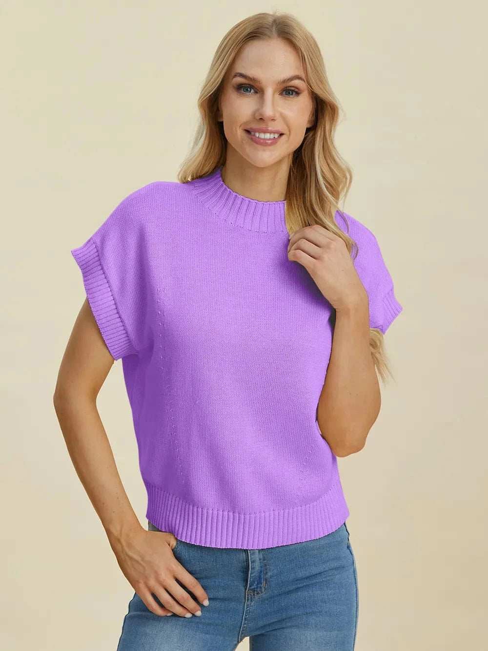 Double Take Full Size Mock Neck Short Sleeve Sweater - Trendsi - Flyclothing LLC