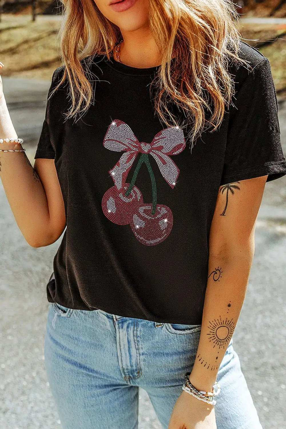 Cherry Graphic Round Neck Short Sleeve T-Shirt - Trendsi - Flyclothing LLC
