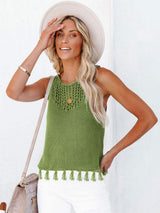Cutout Tassel Round Neck Tank - Trendsi - Flyclothing LLC
