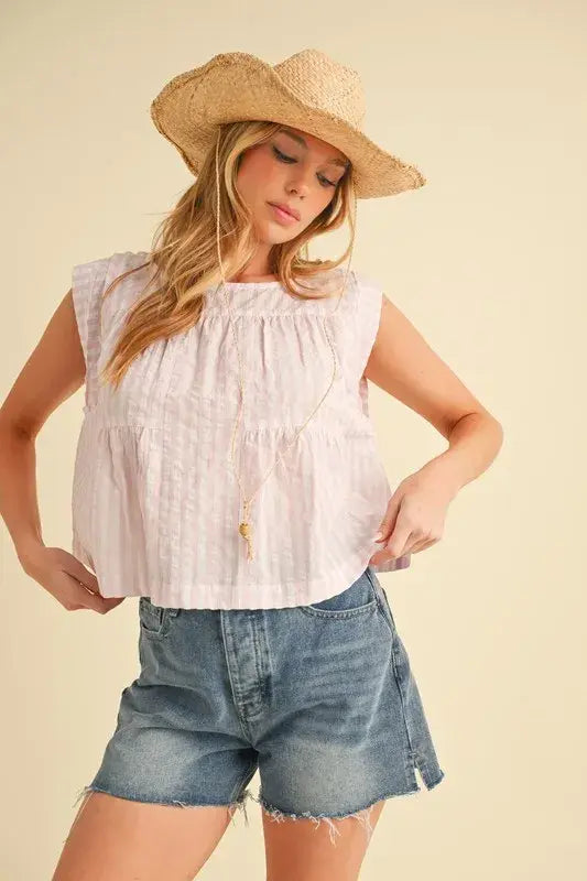 Aemi+Co Ruched Striped Round Neck Sleeveless Top - Trendsi - Flyclothing LLC