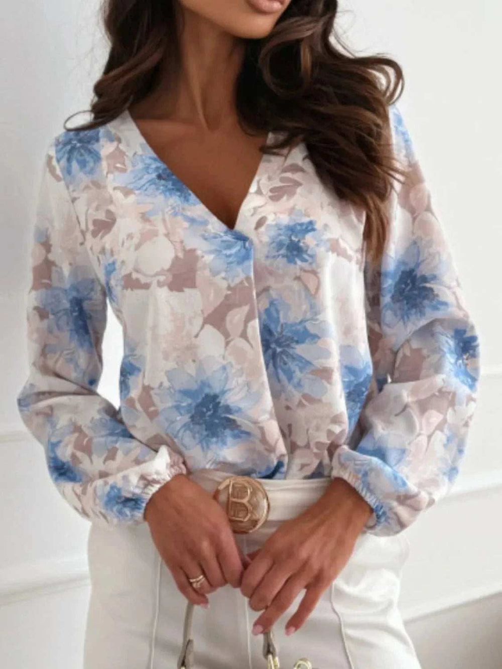 Floral V-Neck Long Sleeve Blouse - Trendsi - Flyclothing LLC