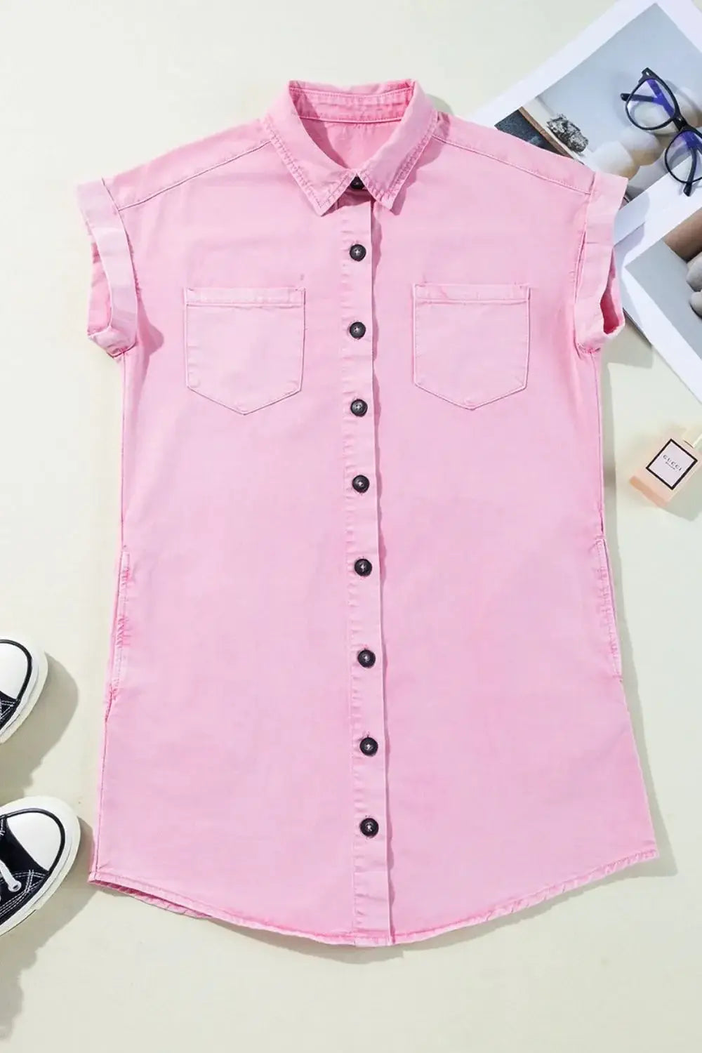 Button Down Short Sleeve Denim Dress - Trendsi - Flyclothing LLC