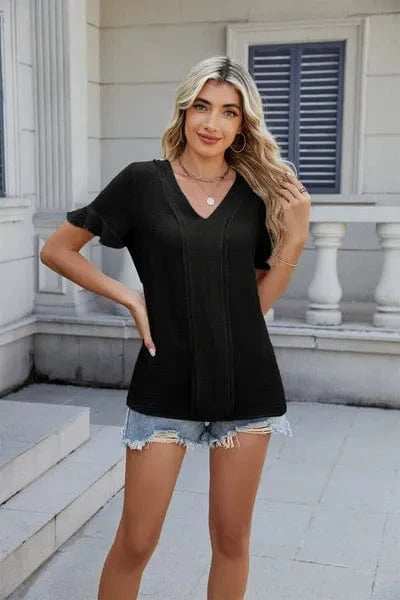 V-Neck Short Sleeve Blouse - Trendsi - Flyclothing LLC