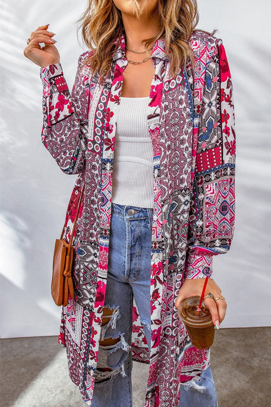 Printed Button Up Long Sleeve Cardigan - Trendsi