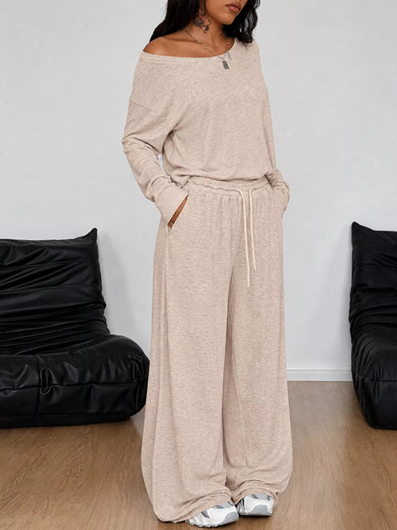 Full Size Comfortable Loose Fit One-Shoulder T-Shirt and Pants Set Plus Size - Trendsi - Flyclothing LLC