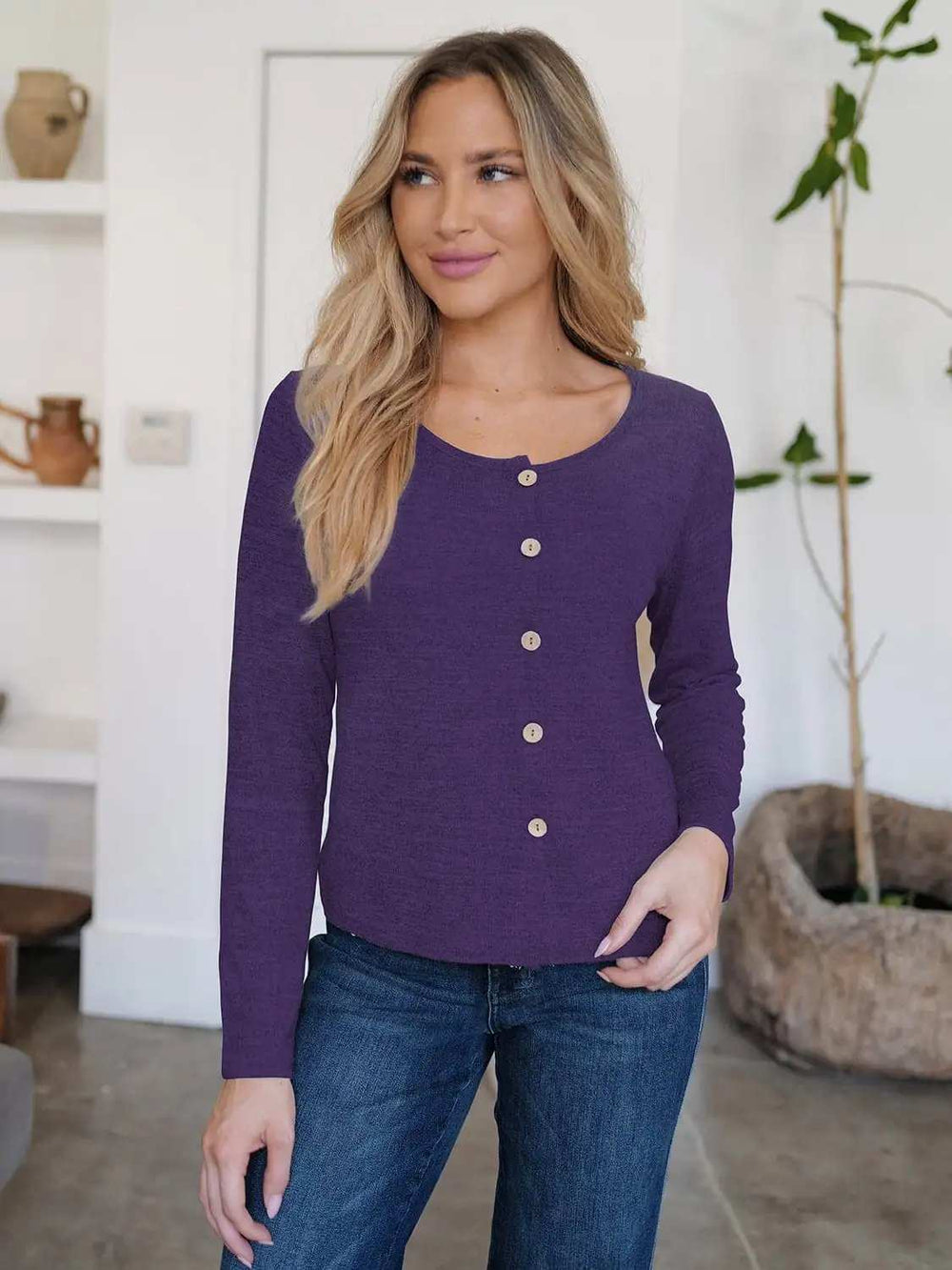 Button Up Round Neck Long Sleeve Cardigan - Trendsi - Flyclothing LLC