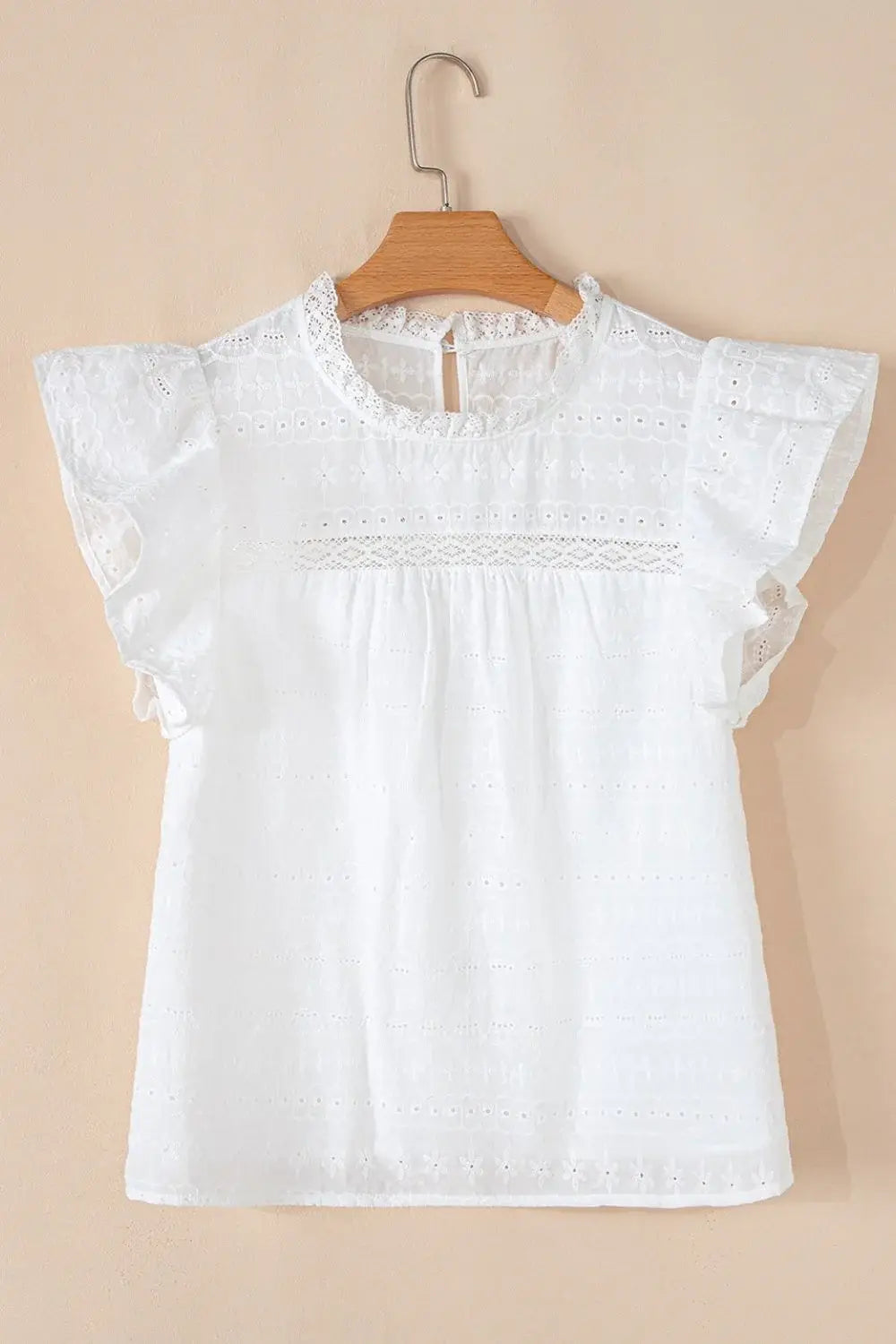 Lace Round Neck Flutter Sleeve Eyelet Blouse - Trendsi - Flyclothing LLC