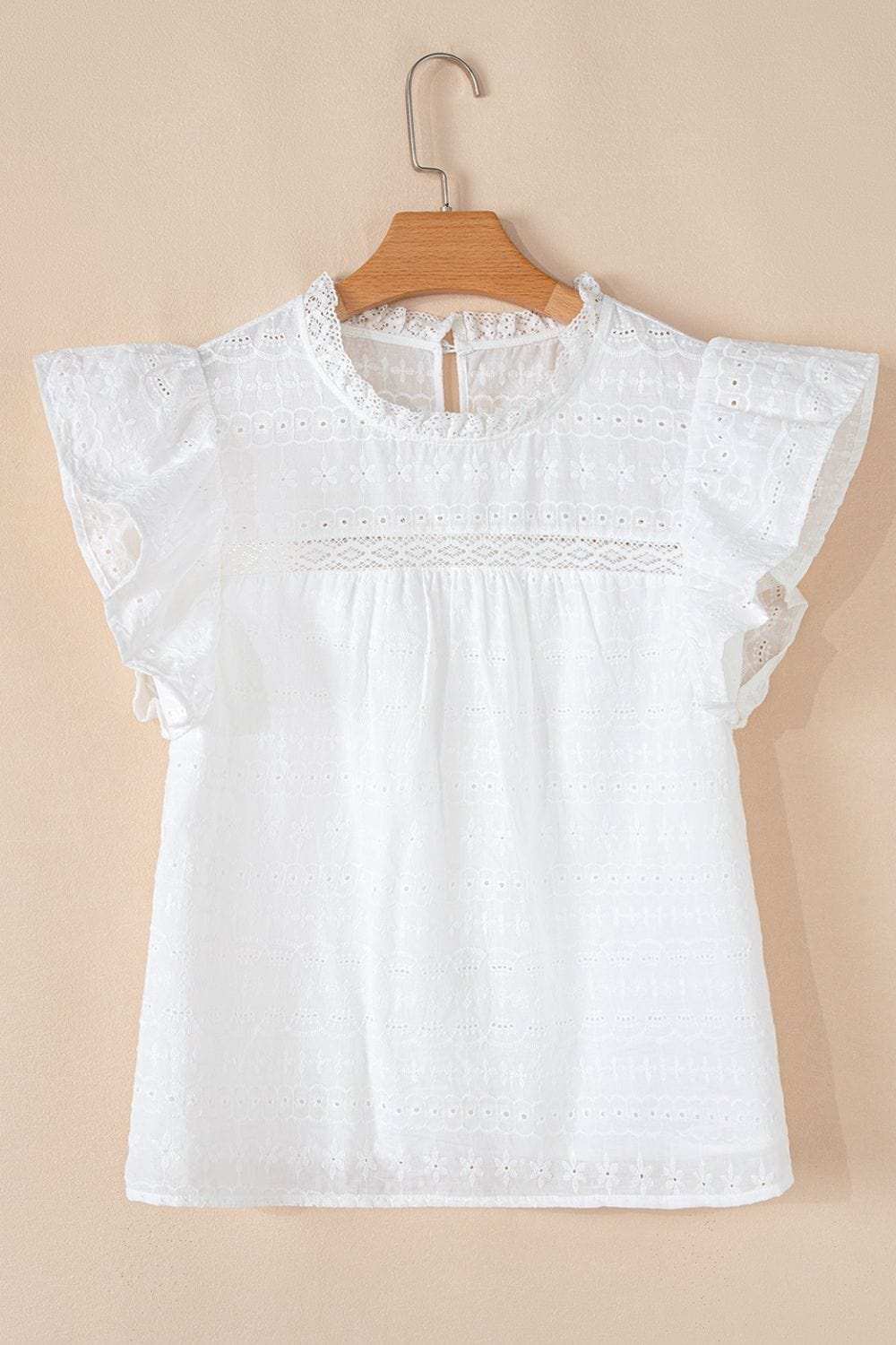 Lace Round Neck Flutter Sleeve Eyelet Blouse - Trendsi - Flyclothing LLC