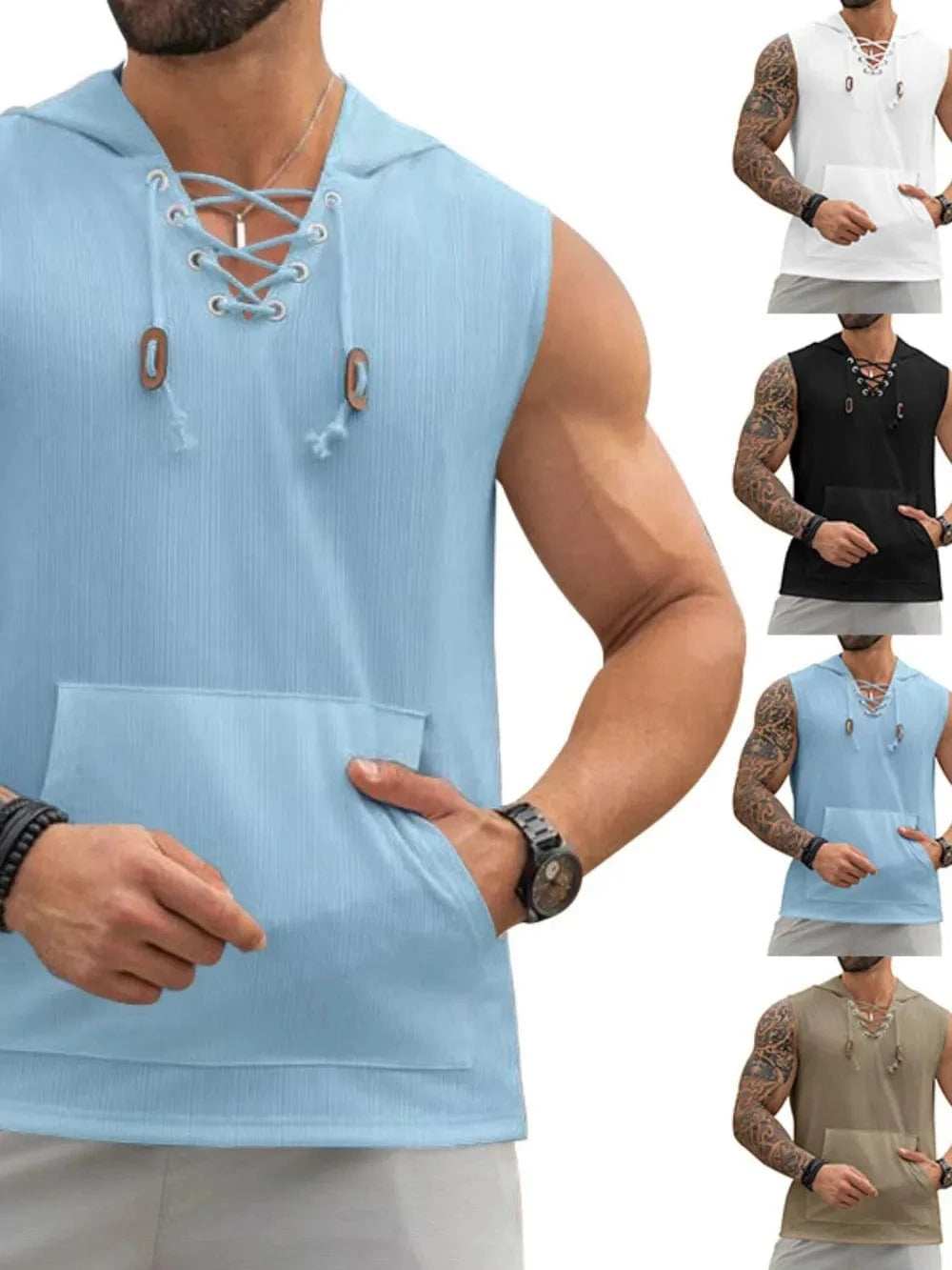 Men's Lace Up Hooded Top - Trendsi - Flyclothing LLC