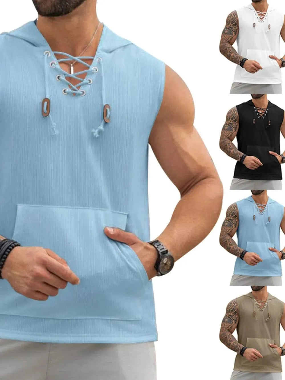 Men's Lace Up Hooded Top - Trendsi