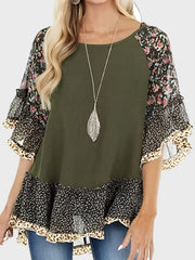 Full Size Frill Printed Round Neck Half Sleeve Blouse - Trendsi