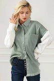Raw Hem Collared Neck Button Up Long Sleeve Jacket - Trendsi - Flyclothing LLC