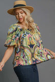 Umgee Full Size Abstract Print Smocked Square Neck Puff Sleeve Blouse - Trendsi - Flyclothing LLC