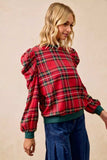 BiBi Christmas Plaid Exaggerated Shoulder Sleeves Top - Trendsi - Flyclothing LLC