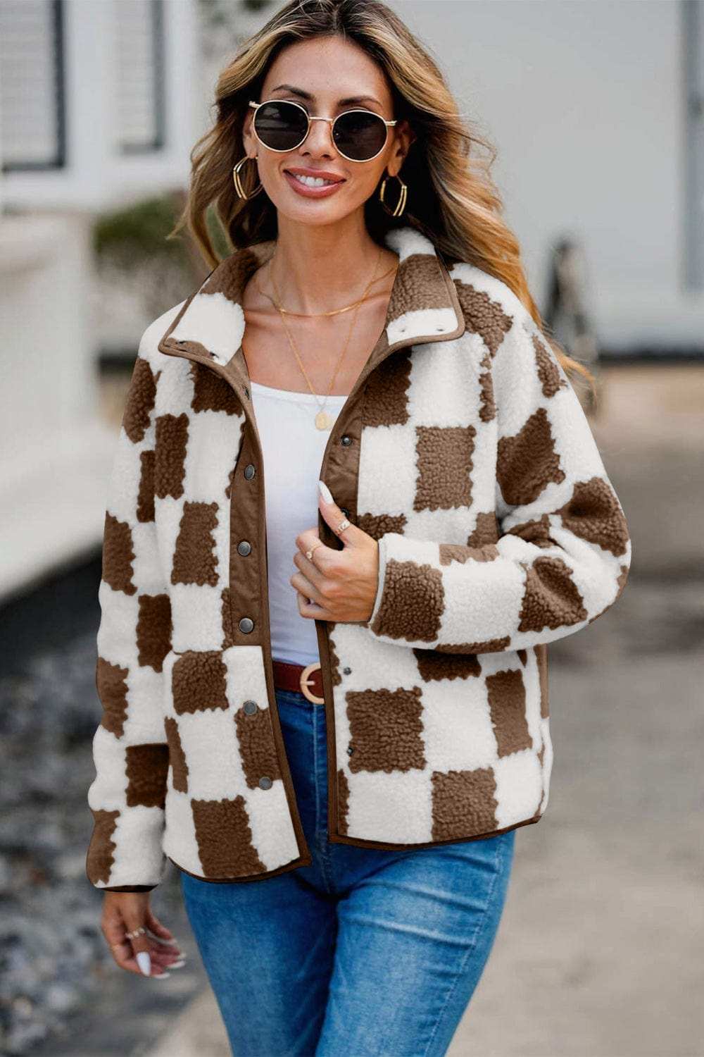 Checkered Snap Down Long Sleeve Teddy Jacket - Trendsi - Flyclothing LLC