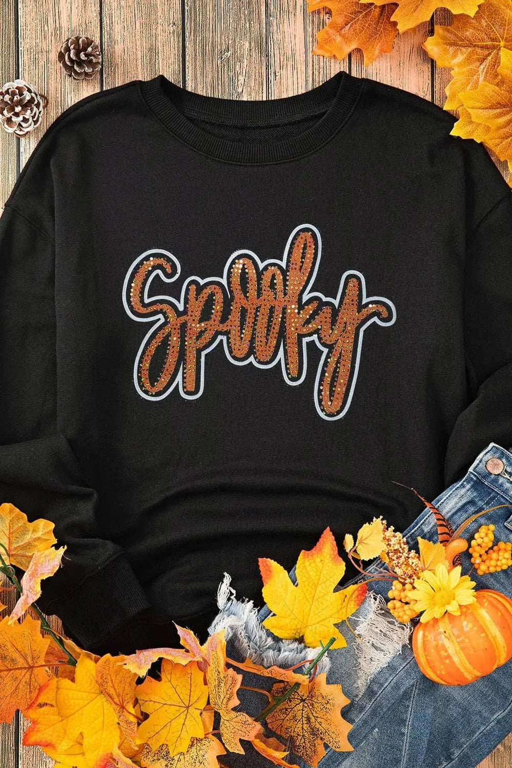 SPOOKY Rhinestone Round Neck Long Sleeve Sweatshirt - Trendsi - Flyclothing LLC