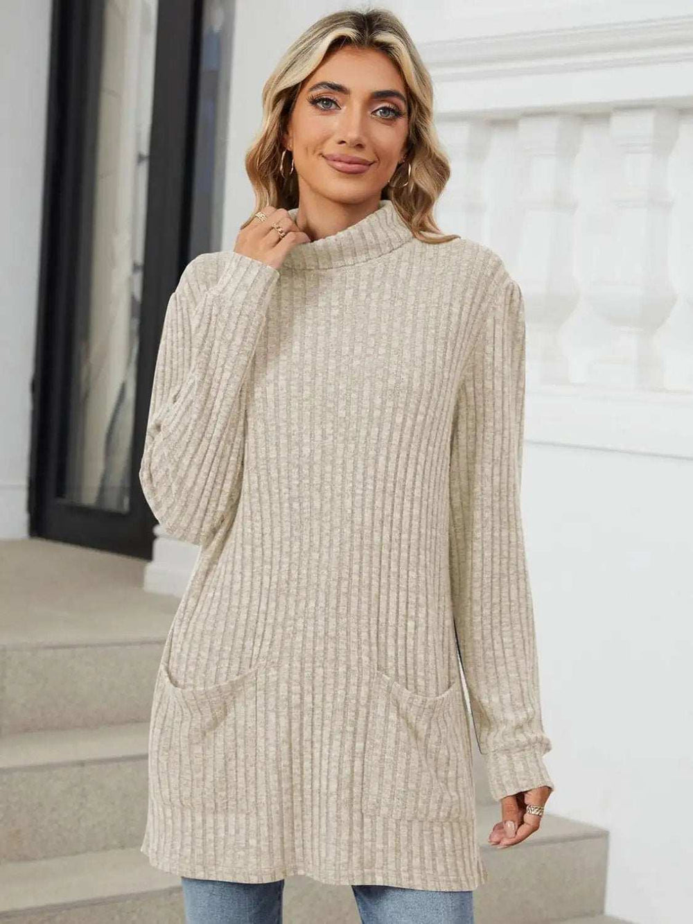 Ribbed Mock Neck Long Sleeve T-Shirt - Trendsi - Flyclothing LLC