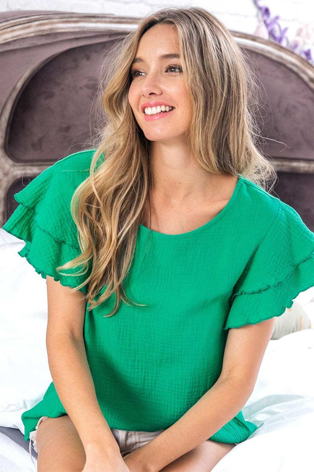 BiBi Ruffle Sleeve Wrinkled Cotton Gauze Top - Trendsi - Flyclothing LLC