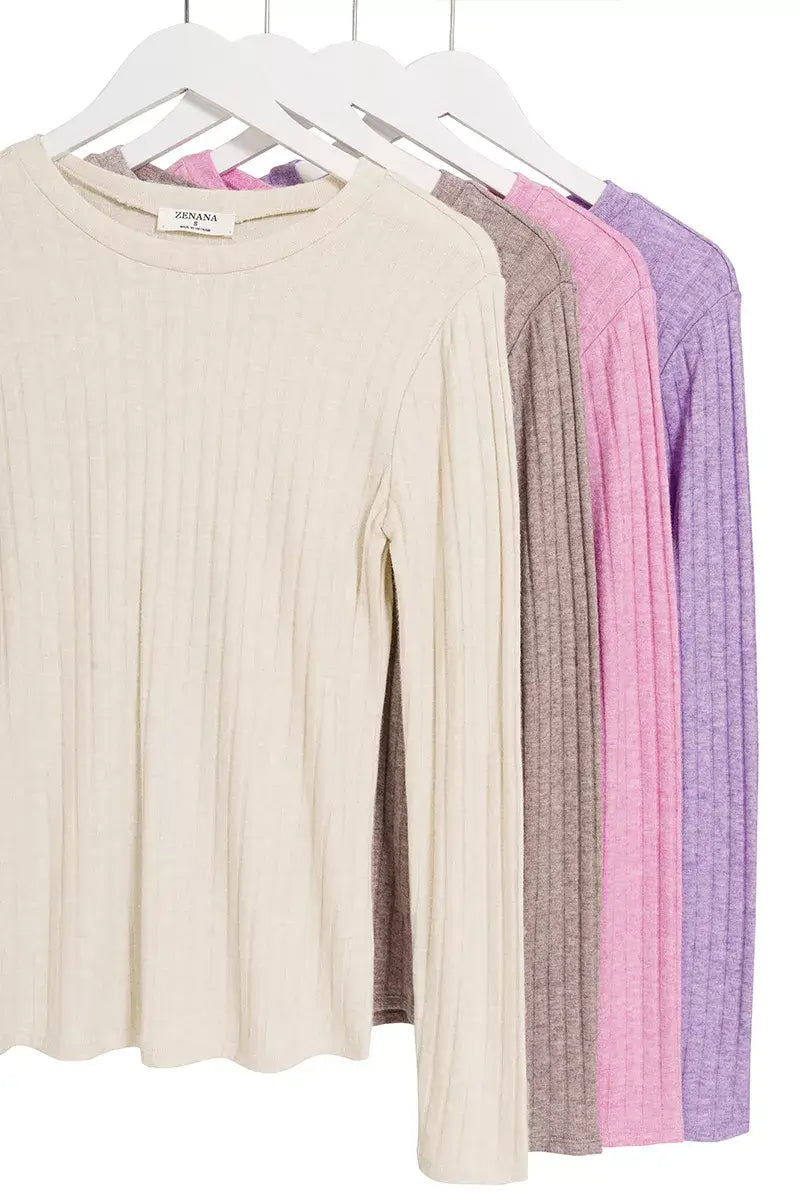 Zenana Ribbed Long Sleeve Round Neck T-Shirt - Trendsi - Flyclothing LLC
