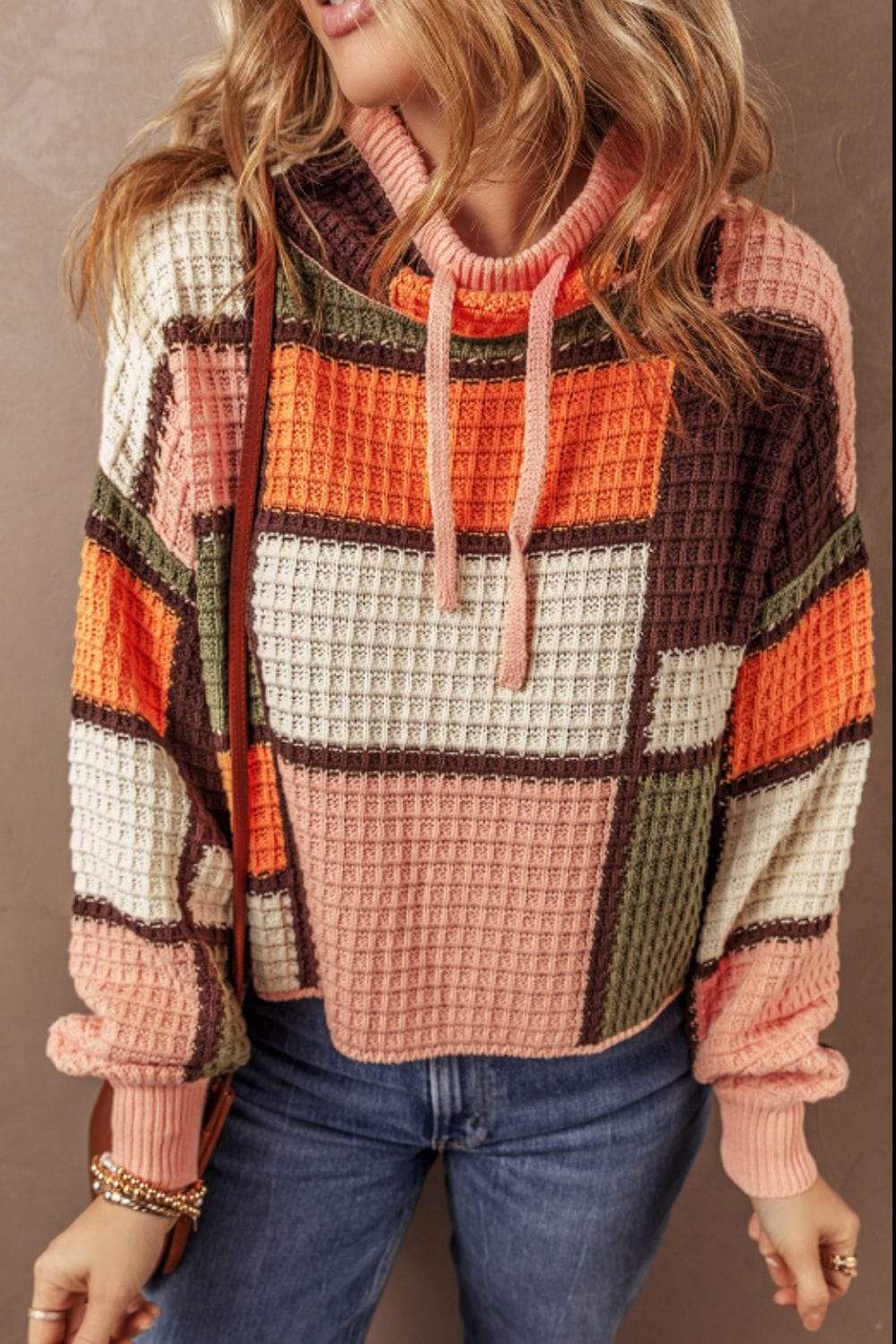 Drawstring Color Block Mock Neck Sweater - Trendsi - Flyclothing LLC