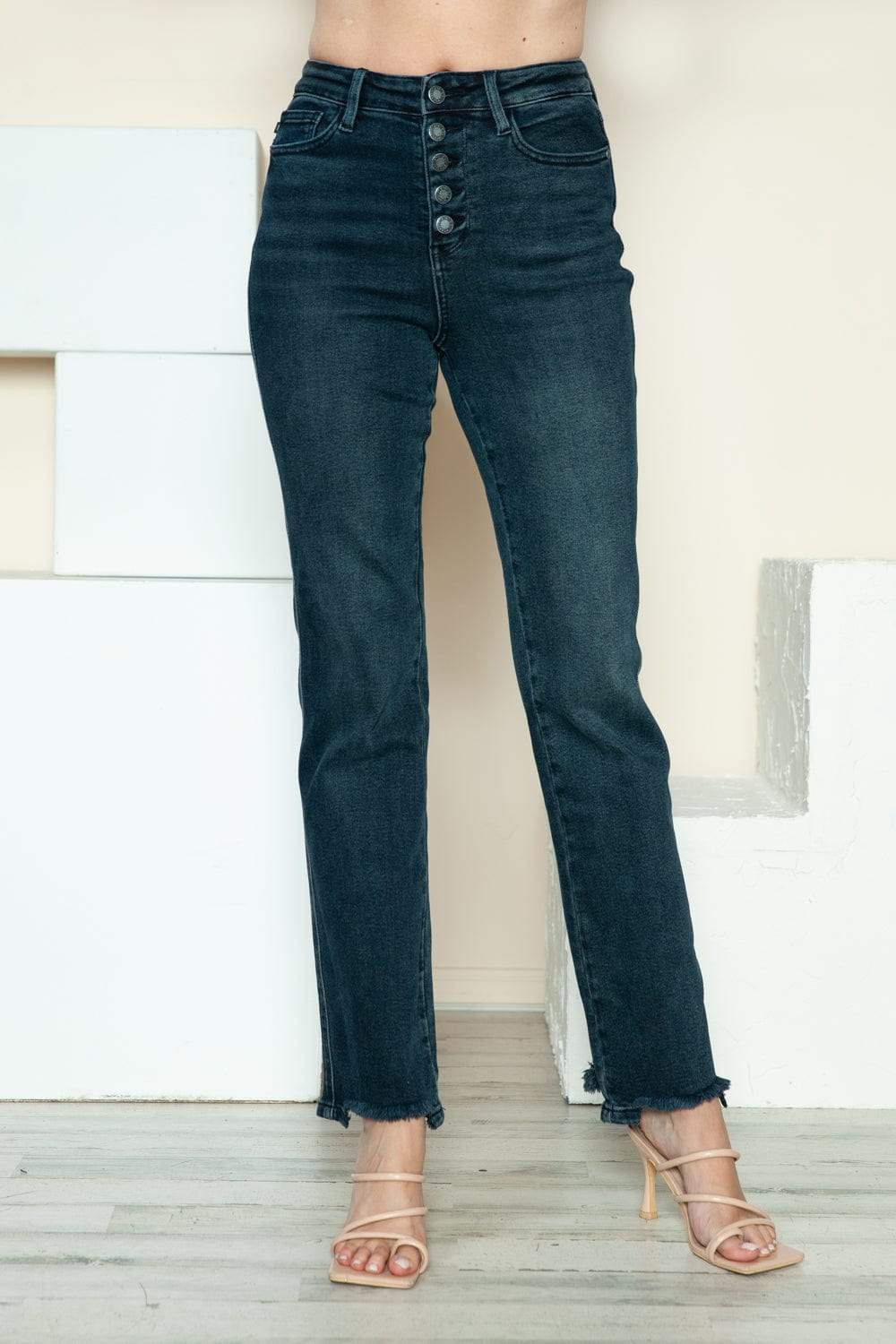 Judy Blue Full Size Button Fly Hem Destroy Straight Jeans - Trendsi - Flyclothing LLC