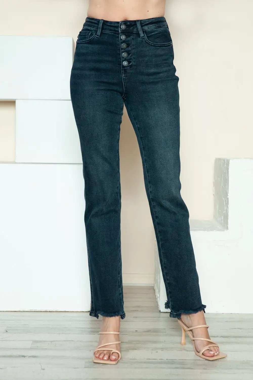 Judy Blue Full Size Button Fly Hem Destroy Straight Jeans - Trendsi - Flyclothing LLC