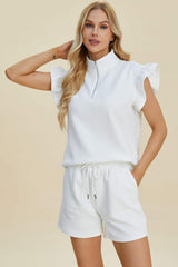 Double Take Full Size Texture Flounce Sleeve Top and Shorts Set - Trendsi - Flyclothing LLC