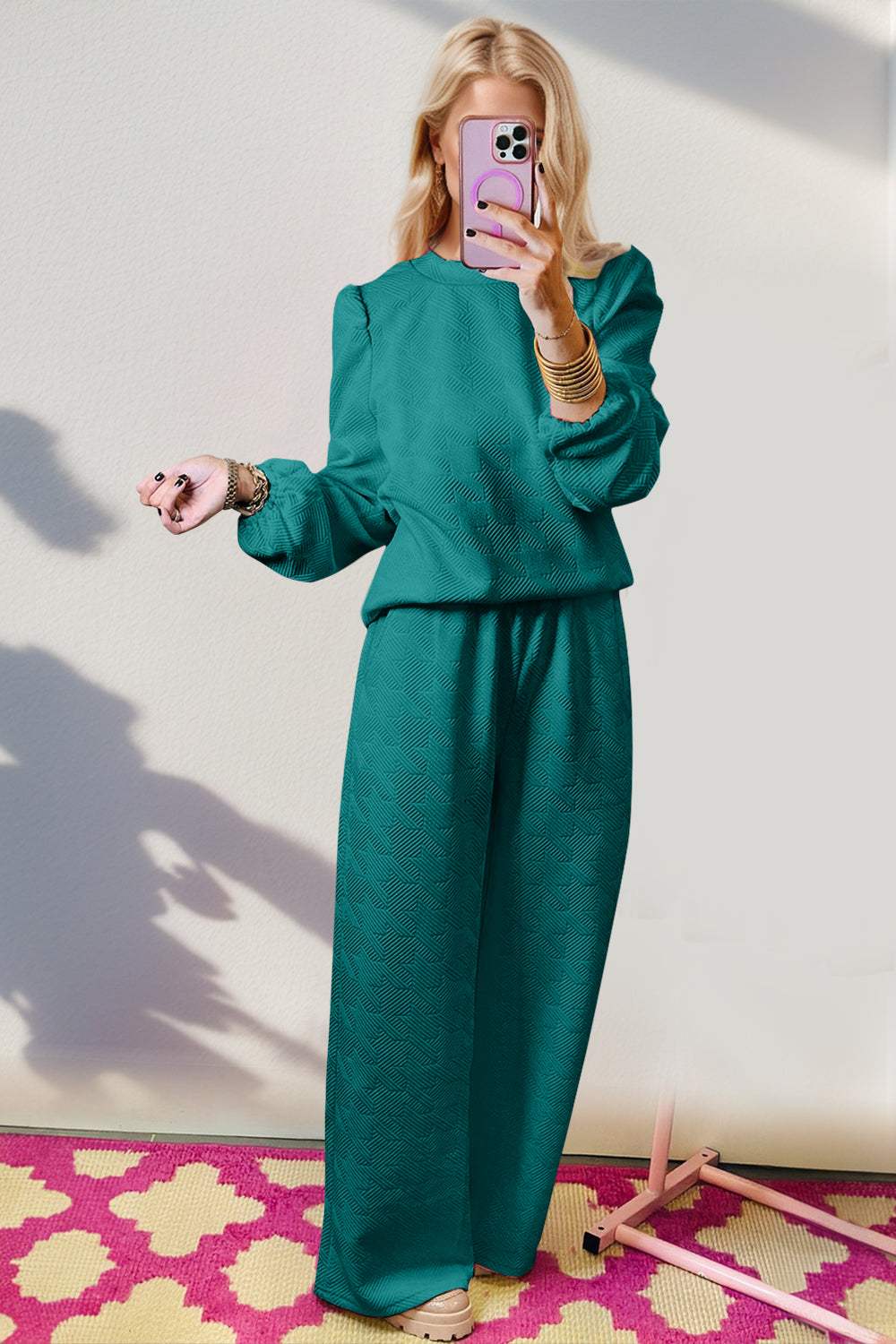 Double Take Texture Long Sleeve Top and Wide Leg Pants Set - Trendsi - Flyclothing LLC