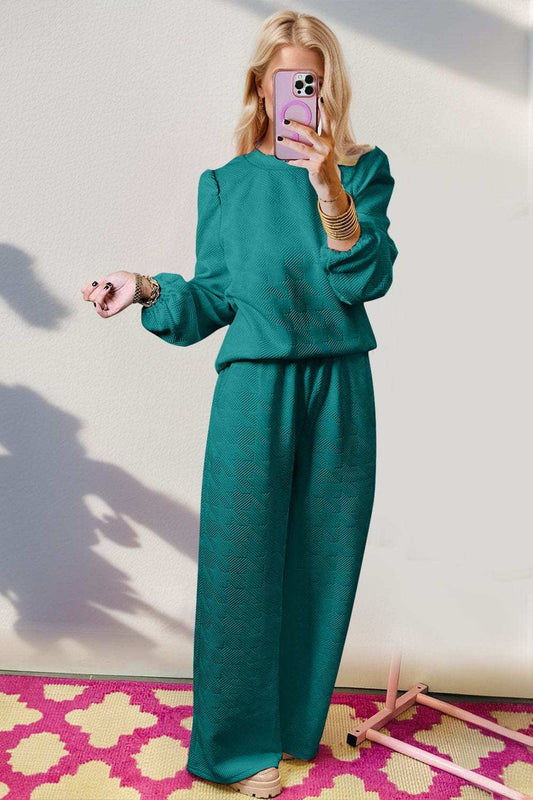 Double Take Texture Long Sleeve Top and Wide Leg Pants Set - Trendsi - Flyclothing LLC