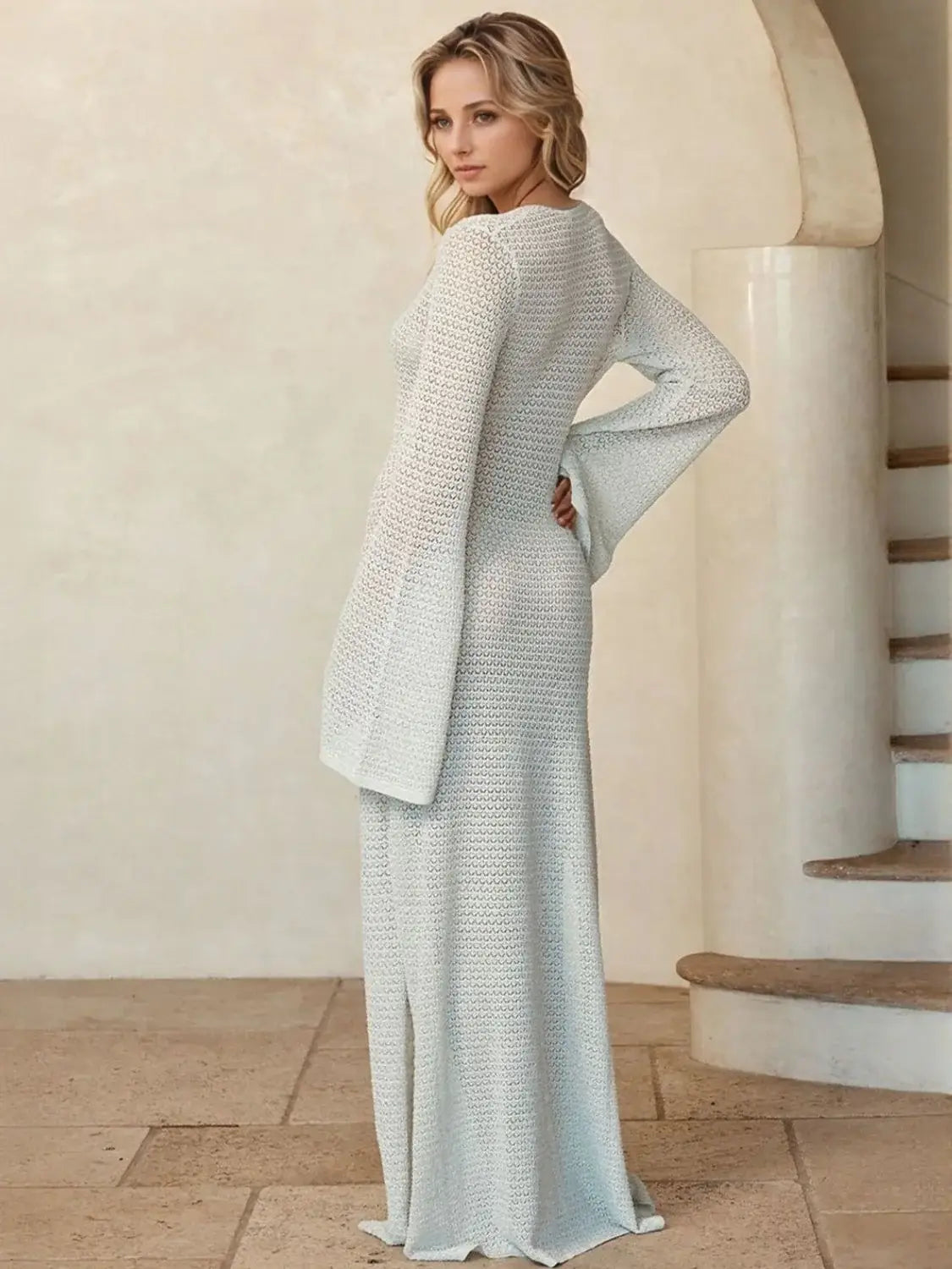 Slit Plunge Flare Sleeve Cover-Up Dress - Trendsi - Flyclothing LLC