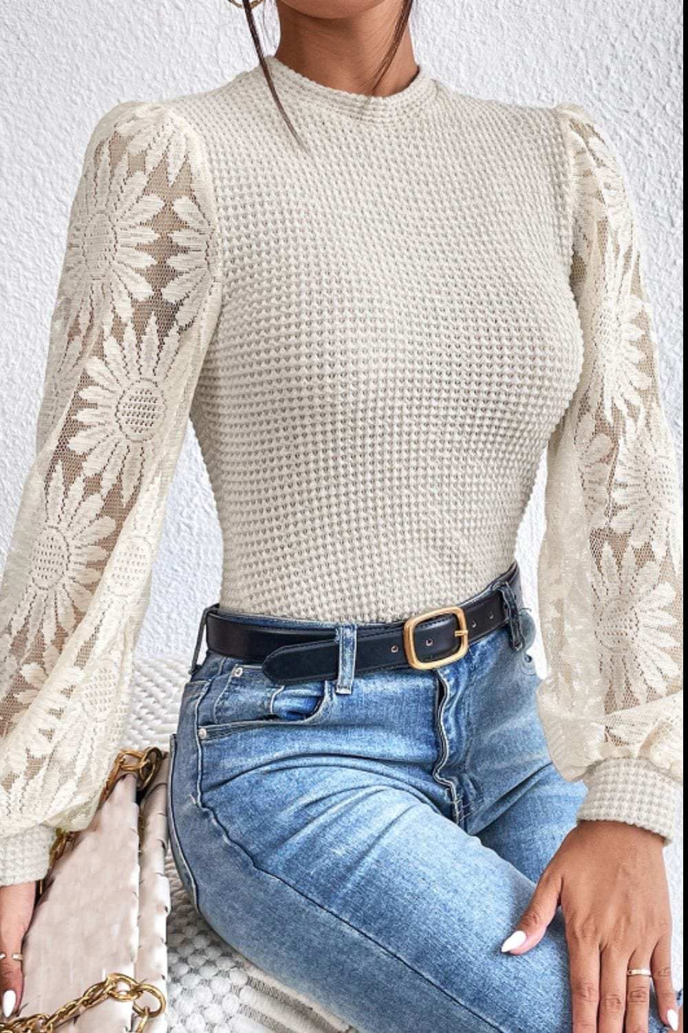 Mock Neck Lace Long Sleeve Top - Trendsi - Flyclothing LLC