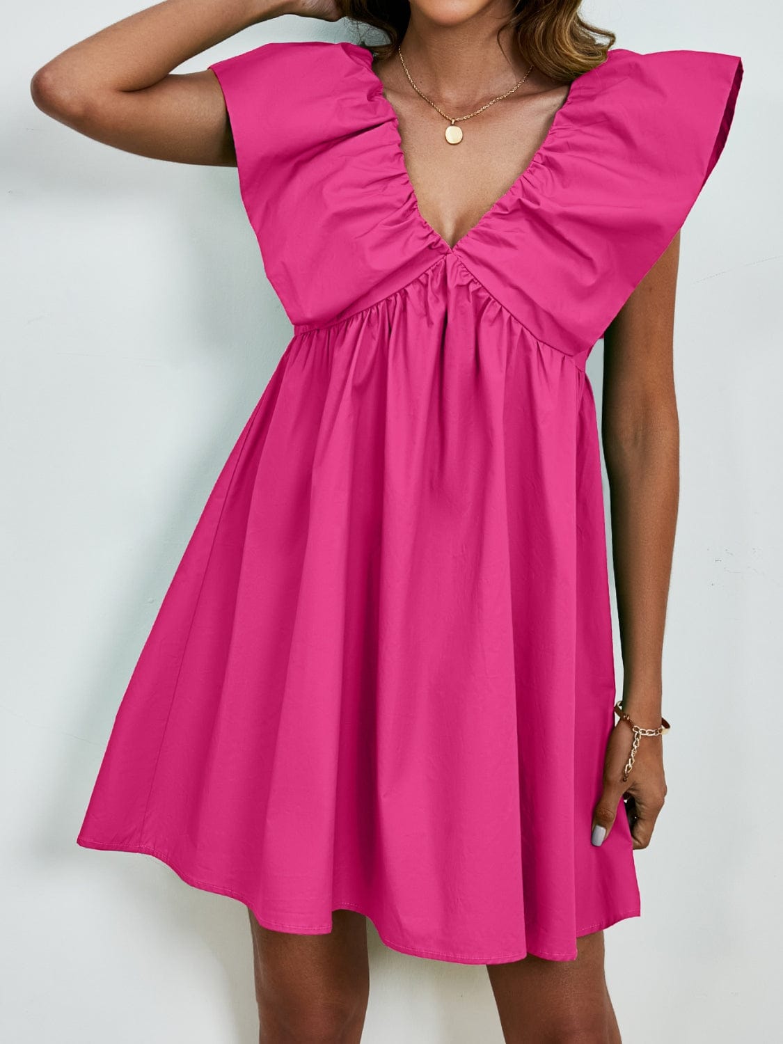 V-Neck Cap Sleeve Mini Dress - Trendsi