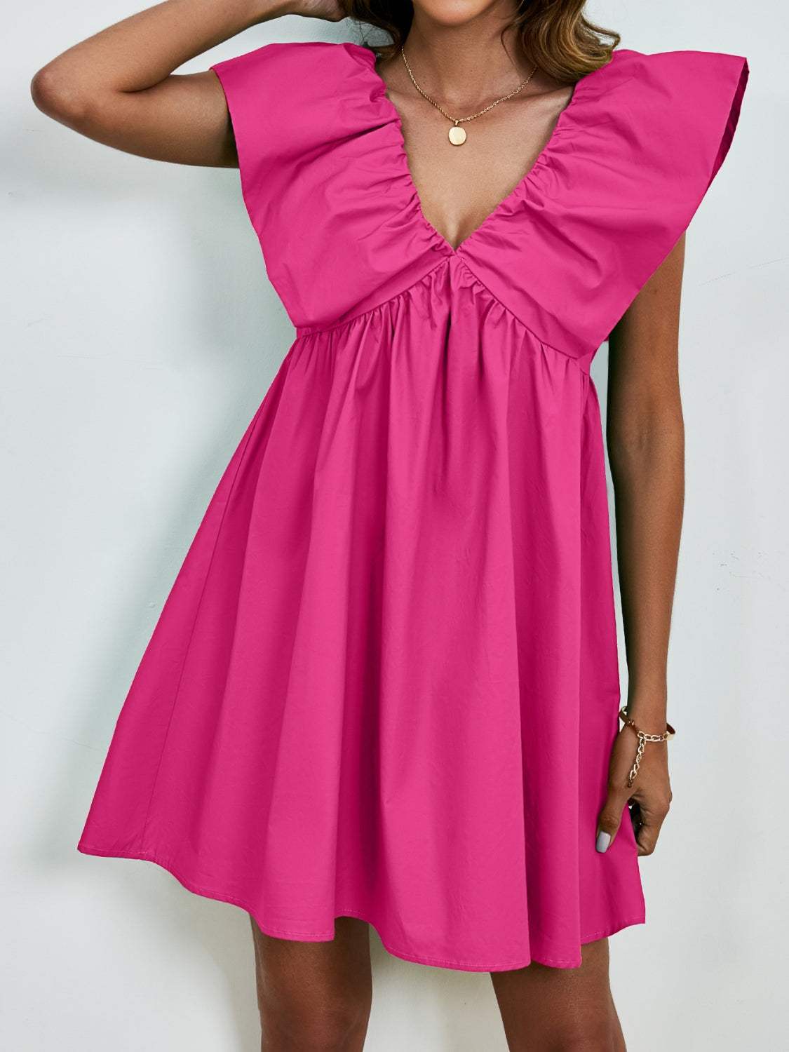 V-Neck Cap Sleeve Mini Dress - Trendsi - Flyclothing LLC
