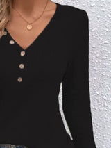 Waffle Knit Button-Detail V-Neck T-Shirt - Trendsi - Flyclothing LLC