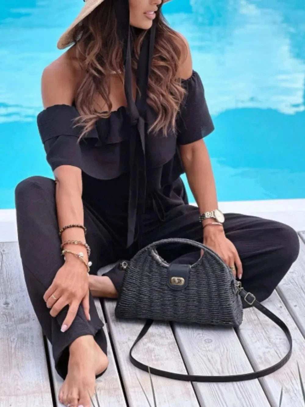 Ruffled Off Shoulder Wide Leg Jumpsuit - Trendsi - Flyclothing LLC