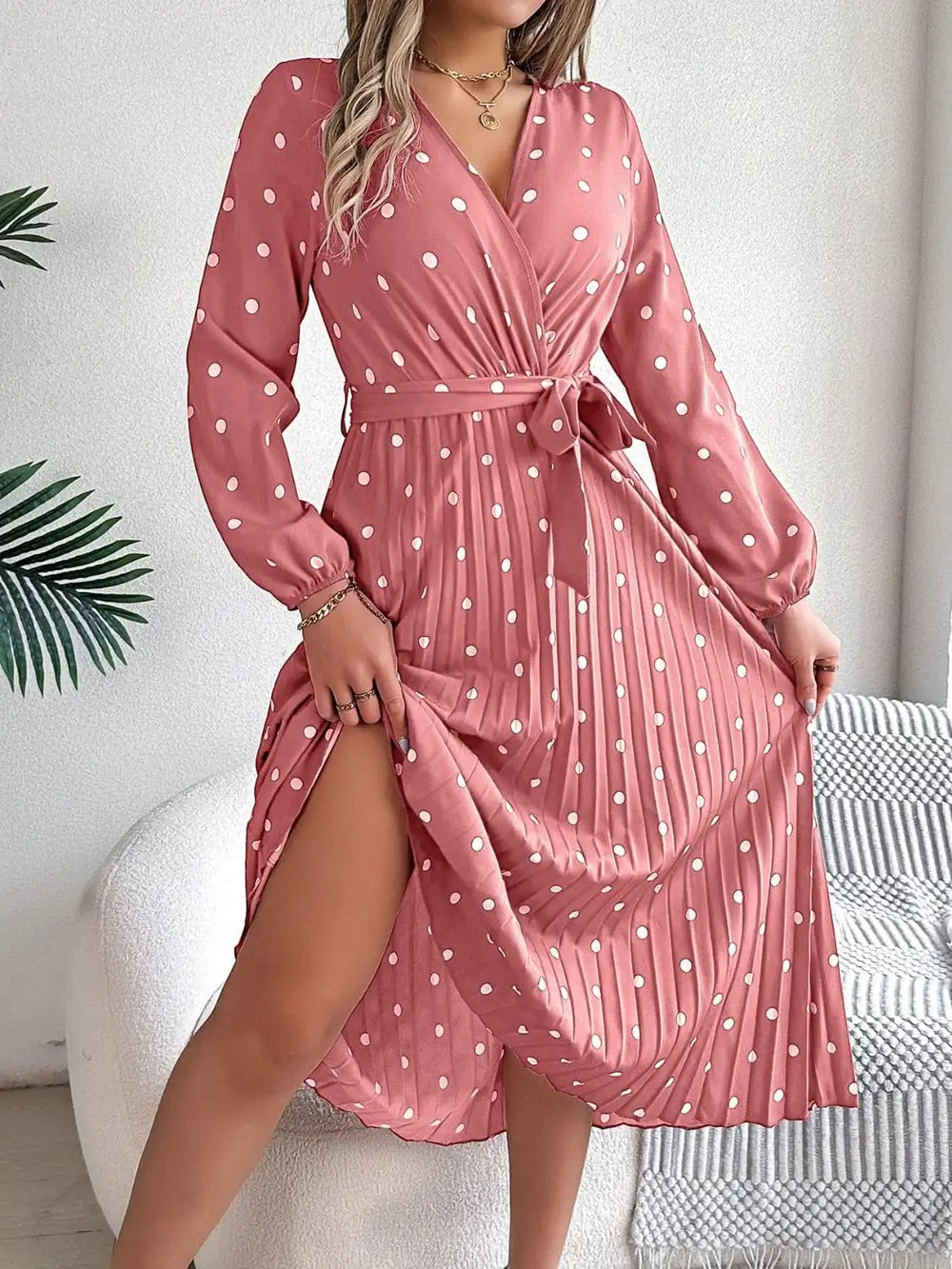 Tied Polka Dot Long Sleeve Midi Dress - Trendsi