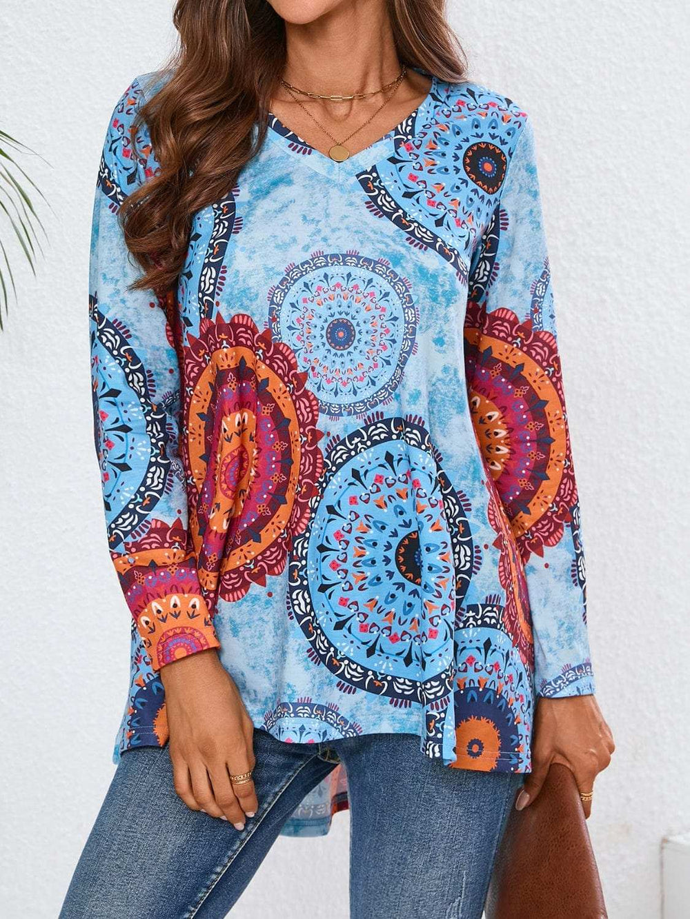 Geometric Printed V-Neck Long Sleeve T-Shirt - Trendsi - Flyclothing LLC